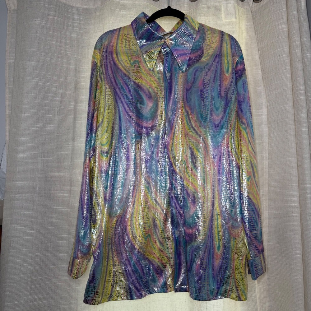 Vintage Charades Disco Shirt Metallic Psychedelic Swirl Rainbow Men's Large